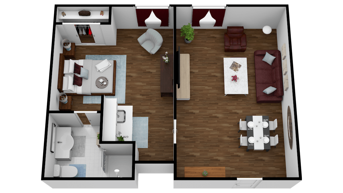 This is a rendering of a Curavistas Highline 1 bedroom apartment
