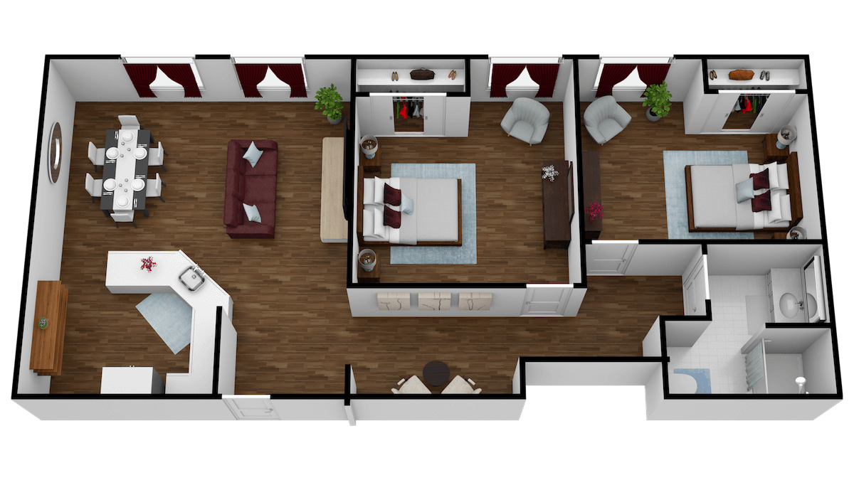 This is a rendering of a Curavistas Highline 2 bedroom apartment